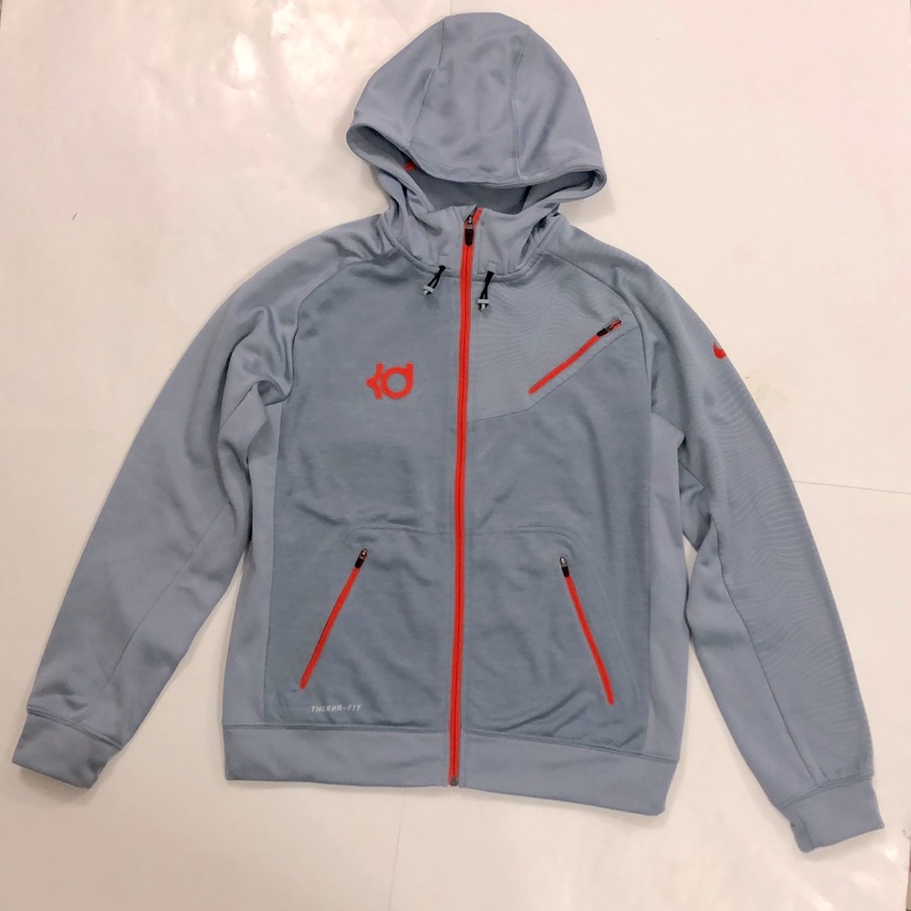 Nike M Jacket Grey Red Detail Hood Zipper Pockets Therma-Fit Excellent Condition